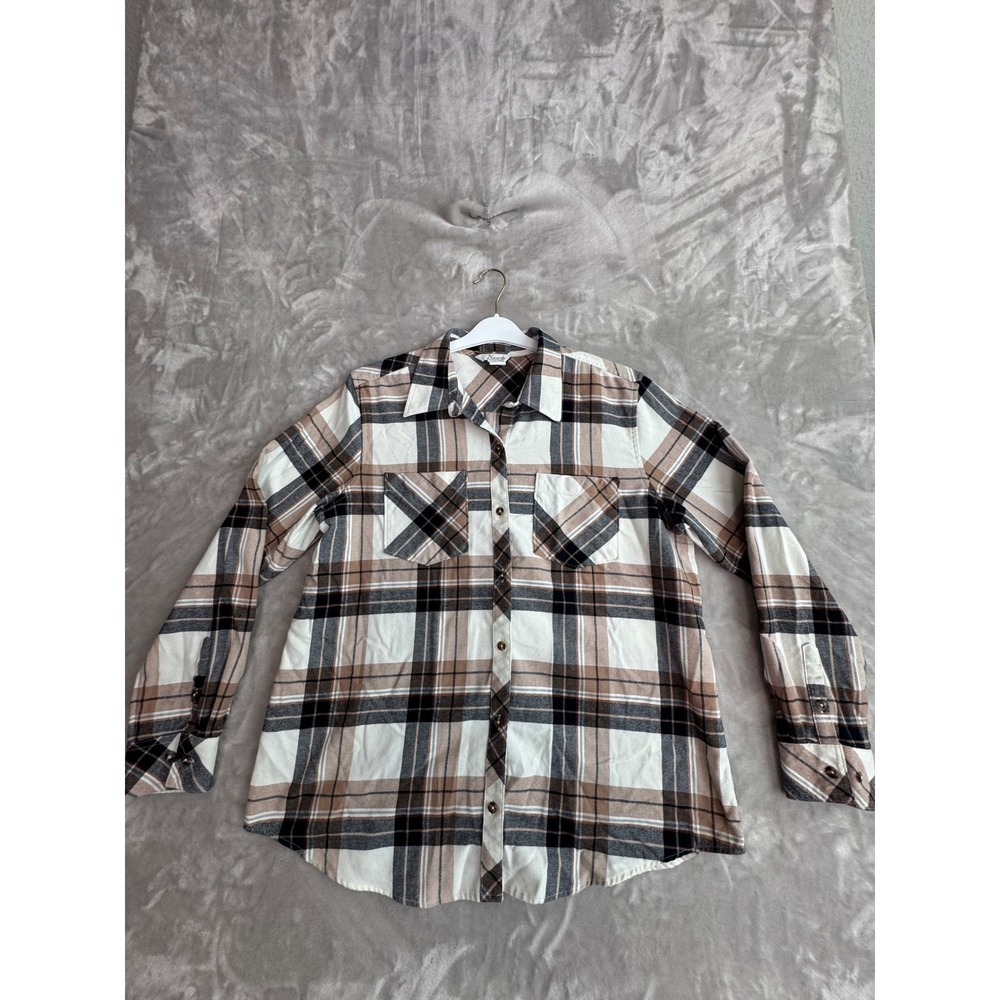 Authentic Plaid Flannel Button‎ Down Shirt Tan Cream Black Long Sleeve 1399